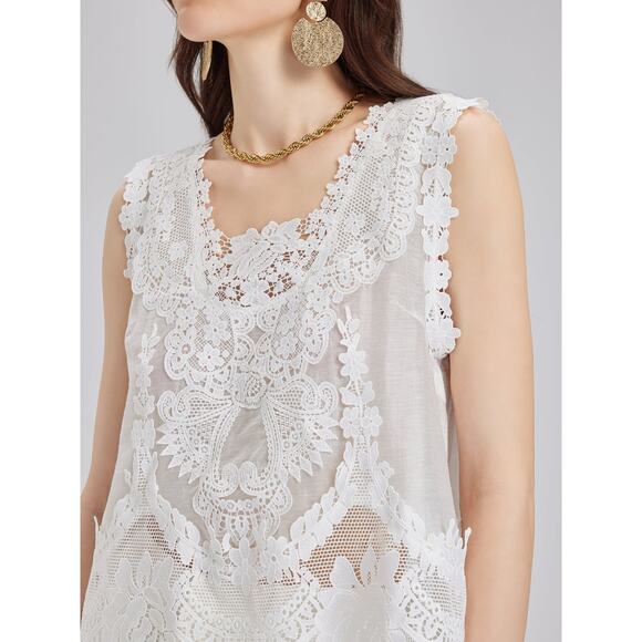 Rich Radi Q's Top Womens Large White Lace Embroidered Tank Vest Boho Elegant - Picture 10 of 16